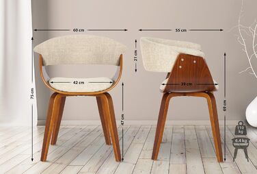 Стільці для їдальні CLP Bruce з тканинним покриттям, дерев'яним каркасом, чорного кольору для їдальні або кухні | Крісло витримує до 150 кг, колір: Кремовий, колір каркасу: горіх (горіх)