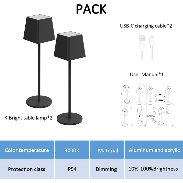LED акумуляторна настільна лампа K-Bright з регулюванням яскравості, тепле світло, для дому та вулиці, USB-C, 3000K, чорний