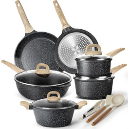 Набір каструль з кришкою для індукційних плит, 13 предметів, чорний гранітний набір посуду, антипригарне покриття без PTFE та PFOA