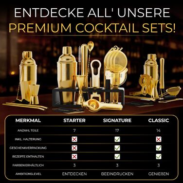 Набір для коктейлів Cobbler 700 мл з нержавіючої сталі, без розливання, професійний шейкер для коктейлів з підставкою та рецептами, набір для барменів (стартовий, золотий)