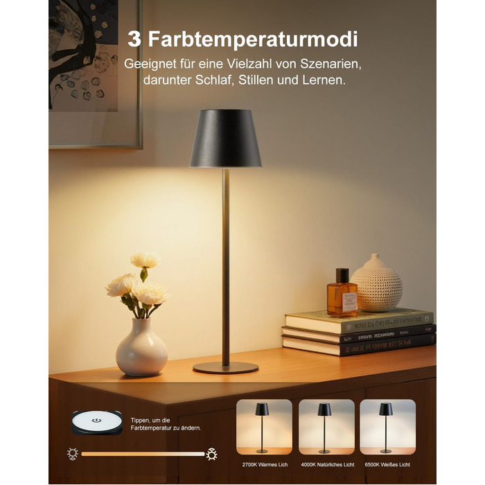 LED настільна лампа Bonsery (2 шт.) з акумулятором 5200mAh, регульована яскравість, 3 кольори світла, металева, вологостійка, 2 висоти (24/37,5 см), для дому, бару, кемпінгу, чорна