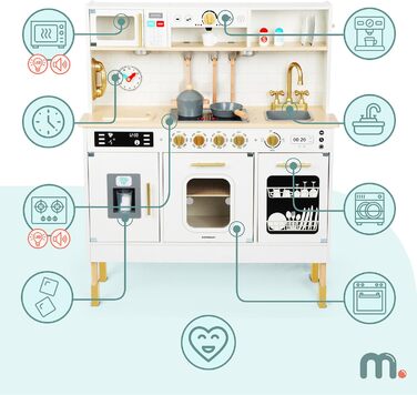 Дерев'яна дитяча кухня Mamabrum з LED-підсвічуванням - ігровий набір кухонь з регульованою висотою, з приготуванням кубиків льоду, мікрохвильовою піччю, плитою та посудомийною машиною. Іграшка для дітей від 3 років