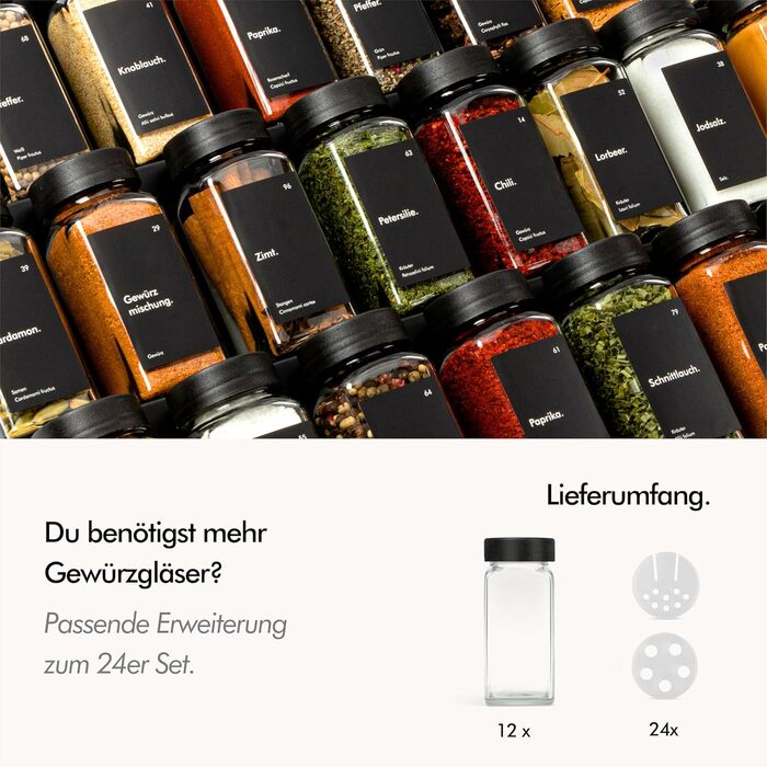 Набір банок для спецій KIVY [24x120 мл] з дозатором + 240 водостійких етикеток - Чорні баночки для спецій, герметичні, набір