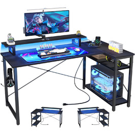 Кутовий ігровий стіл з LED-підсвічуванням та розетками, комп'ютерний стіл з полицями, обертовий кутовий стіл з підставкою для монітора, 120 x 70 см, ДСП, колір: сіра береза (карбон, чорний)