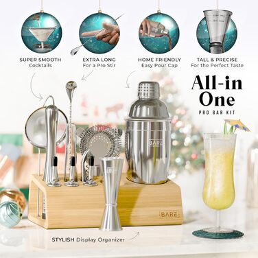 Набір для приготування коктейлів BARE BARREL® Mixology Barkeeper Kit: 14 предметів, 35 рецептів, професійний барний інвентар для дому