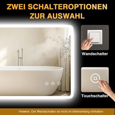 LED дзеркало для ванної кімнати 80x60 см з підсвічуванням, диммування, антизапар, 3 кольори світла, IP44, функція пам'яті, горизонтальне/вертикальне кріплення