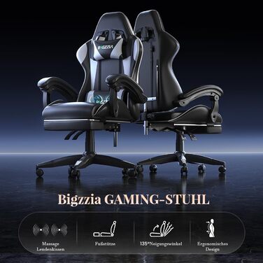 Ігровий крісло Bigzzia з масажем та підніжкою, ергономічний дизайн, регульована спинка 90-135°, з подушками для голови та попереку, білий