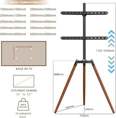 Штатив-телевізійна стійка ETHU для телевізорів 32-65 дюймів (Curved LED) | Регульована висота, поворот 140°, VESA до 600x400 мм, вантажопідйомність 40 кг, коричневий