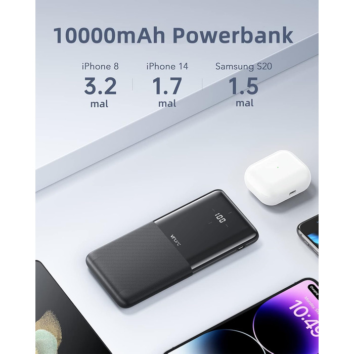 Комплект з 2 шт. , USB C, 2 порти USB, 2.4A, для смартфонів, iPhone, Samsung, чорний, 10000mAh