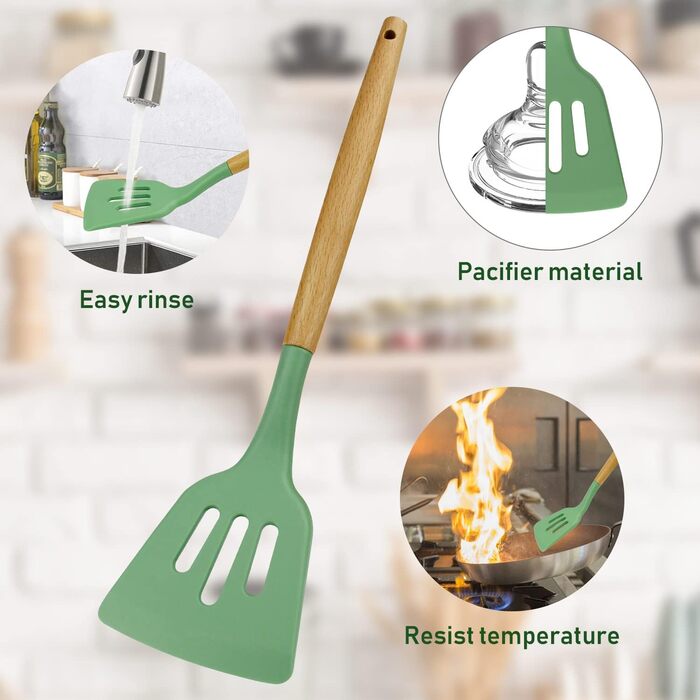 Набір кухонних аксесуарів 13шт, силікон, стійкий до високих температур, з дерев'яною ручкою (авокадо-зелений)