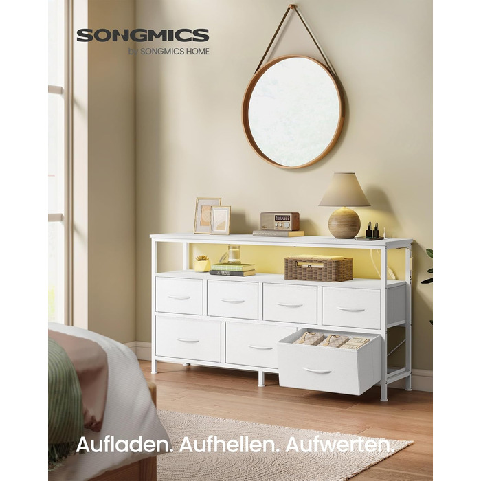 SONGMICS BELLAH: Комод, шафа, тумба з LED-підсвіткою, стайлінг-станція, 1 полиця, індустріальний стиль, вінтажно-коричневий/чорний, LGS723KD01 (7 ящиків, білий)