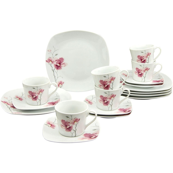 CreaTable Серія Amelie AIKO: 18-частинний набір посуду з порцеляни, кавовий сервіз, придатний для миття в посудомийній машині та використання в мікрохвильовій печі, преміум-якість