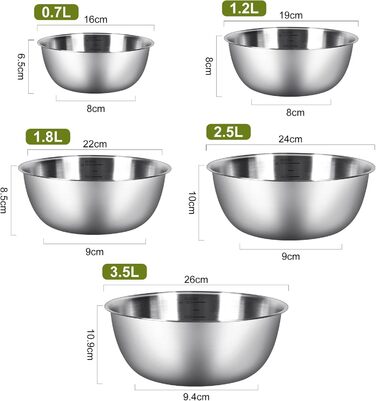 Набір місок для перемішування [5 шт] з нержавіючої сталі, 5 розмірів (0.7 л/ 1.2 л/ 1.8 л/ 2.5 л/ 3.5 л), придатні для миття в посудомийній машині. Салатниці, контейнери для перекусів та миски