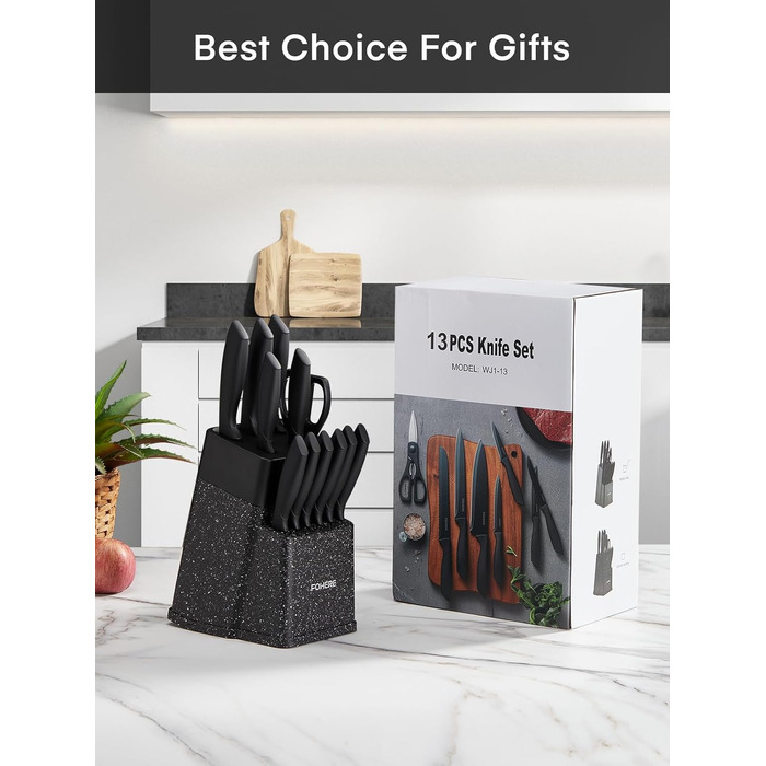 Набір ножів FOHERE 13 предметів з підставкою, нержавіюча сталь, з інтегрованим точилом, антипригарне покриття, ергономічні ручки, чорний граніт