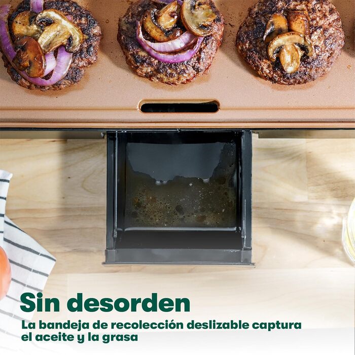 Електрична гриль-плита BELLA XL з керамічно-титановою поверхнею, для приготування 15 яєць одночасно, з антипригарним покриттям Healthy-Eco, легко миється, велика вмикаючася поверхня для приготування, 30,5 x 56 см, колір: мідний/чорний