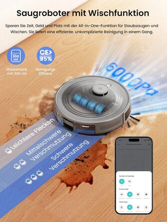 Робот-пилосос LEFANT M2 Pro Mondgrau з функцією миття, 5000Pa, LiDAR, 150 хв, розпізнавання килима, керування через додаток/голос, для видалення шерсті тварин, чорний