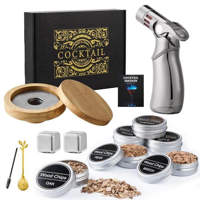 Набір для копчення віскі – Old Fashioned Cocktail, 6 дерев'яних чіпсів, 4 гранітні камені, запальник та аксесуари для поціновувачів віскі та коктейлів (без бутану), гранітні камені з нержавіючої сталі