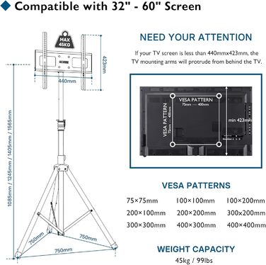 Підставка для телевізора BONTEC: поворотна, нахилена, регульована по висоті, для LCD, LED, OLED, Plasma, Curved телевізорів 32-60 дюймів, до 45 кг, VESA 400x400 мм