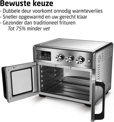 TurboTronic Міні-піч 4-в-1: Конвекційна піч, фритюрниця, дегідратор, гриль. Об'єм 32л, з поворотним шампуром та аксесуарами. Airfryer, піч для піци, міні-стіл (сріблястий)