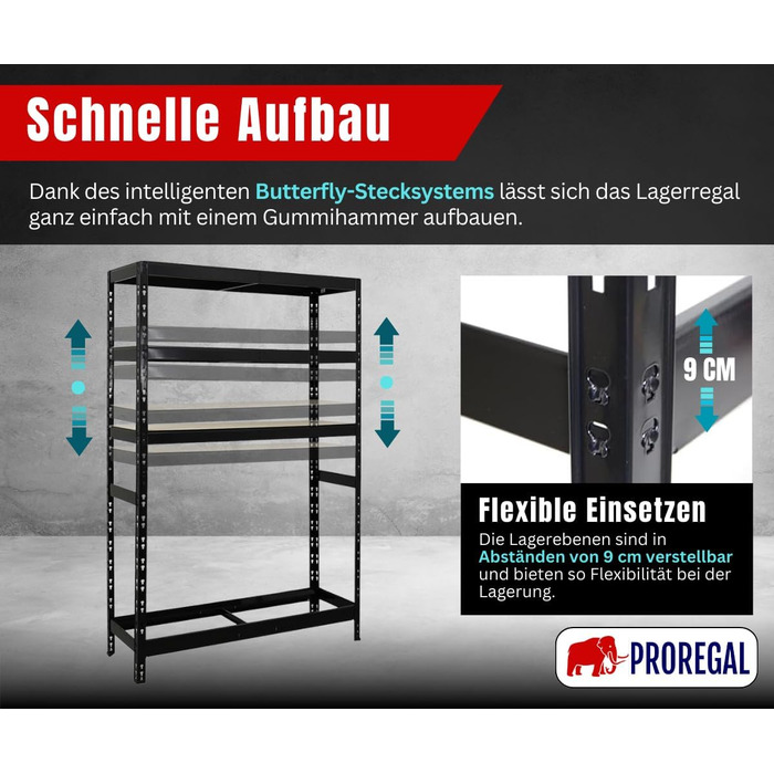 Стелаж для шин PROREGAL Tiger XL: 200x180x45 см, 300 кг на полицю, до 205/55 R16, чорний. Підходить для майстерні, складу, підвалу.