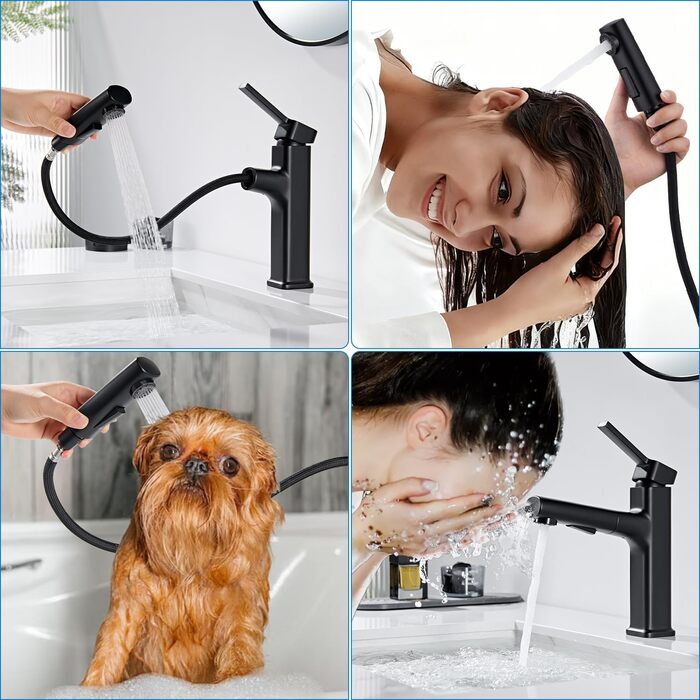 Чорний змішувач для ванної кімнати з висувною лійкою, однорегуляторний, для холодної та гарячої води