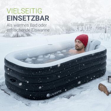 Надувна ванна Juskys M - для відпочинку на відкритому повітрі, складана, мобільна, з підголівником, для балкона, чорна, з кришкою та насосом