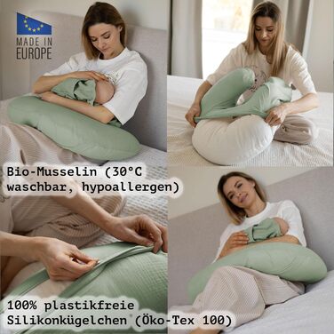 Подушка для годування та вагітності PaLulli XL (170x30 см), органічна бавовна, мусліновий чохол, колір шавлія