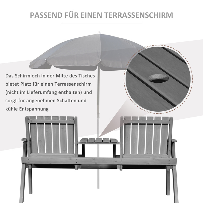 Комплект садових меблів: лавка з інтегрованим столом, 2 стільці, з отвором для парасольки. Виготовлений з масиву дерева, колір - сірий. Розміри: 152 x 70 x 83 см.