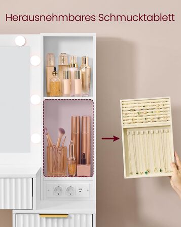 Дзеркальний туалетний столик VASAGLE з пуфом та 10x збільшенням, LED-підсвічуванням, ящиками та станцією для зарядки, 40 x 110 x 135 см, білий