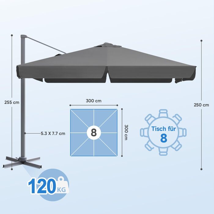 Консольна парасолька Sekey Alu 300x300 см, кривошип, поворотний на 360, поворотний, UV50, з ножною педаллю, сірий