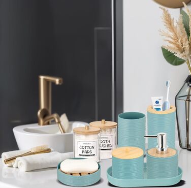 Набір аксесуарів для ванної кімнати IMAVO, 9 предметів: смітник, дозатор мила, мильниця, тримач для зубних щіток, стакан для щіток, тримач для унітазного йоржика, дозатор для ватних паличок (блакитний, 26 предметів + ПВХ-штора для душу + килимки)