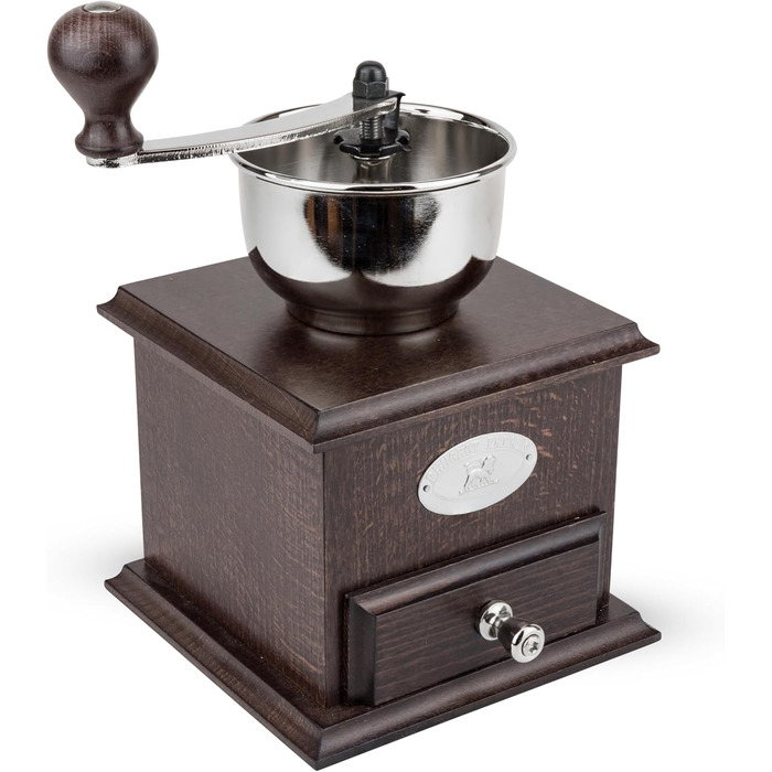 Кавомолка Peugeot Nostalgie - ручна, з регульованим сталевим жорном, 21 см, з воронкою, з бука, шоколадного кольору