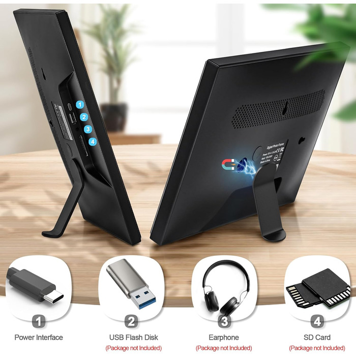 Цифровий фоторамка OBVHNUA 10.1' з 128 ГБ пам'яті, без Wi-Fi, IPS-дисплей 1280*800, відтворення фото, музики, відео, календар, USB/SD, настінний монтаж