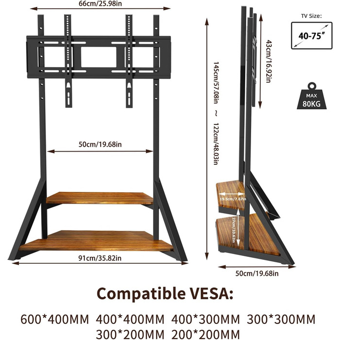 Стійка для телевізора Boden 65-100 дюймів з поличкою та колесами, VESA 800x600, до 100 кг