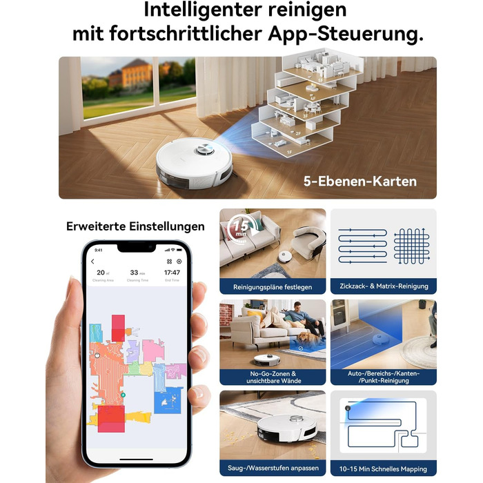 Робот-пилосос Proscenic Q8 з функцією миття 4200Pa, 200хв, для підлоги та килима, з лазерною навігацією та керуванням через додаток, сумісний з Alexa, Siri, IFTTT, для видалення шерсті тварин, білий