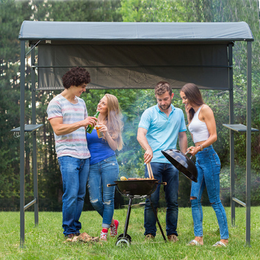 Outsunny BBQ Альтанка барбекю з вогнезахисним дахом, 2 полиці, чорний поліестер, 218x138x216 см, ідеально підходить для саду та патіо