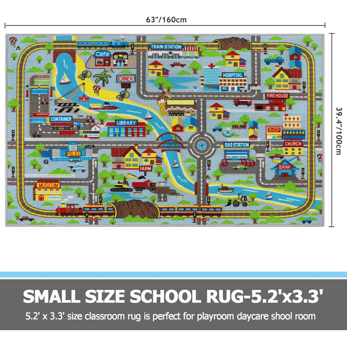 Дитячий ігровий килимок Capslpad 160x100см Нековзний килимок City Map, який можна прати, пастельно-синій