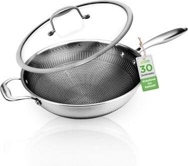 Набір сковорідок NutriChef з нержавіючої сталі, 6 предметів – антипригарне покриття, 20см, 25см, 30см з кришками, індукційне дно, стійкість до подряпин, підходить для духовки, безпечно мити в посудомийній машині. Включає вок 31 см
