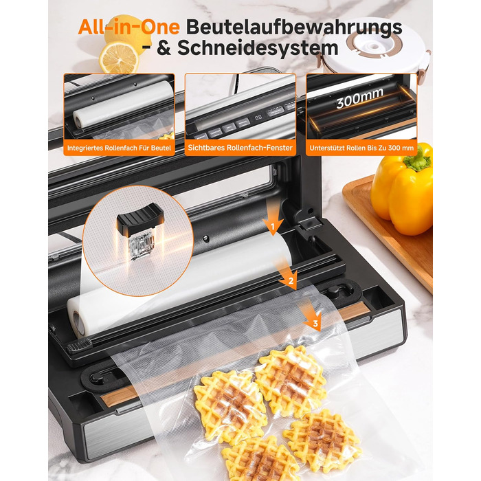 Вакууматор для продуктів 9-в-1 з потужністю 95 кПа, регулюванням часу та тиску, функцією пам'яті, подвійним запаянням, вбудованим різаком та відсіком для пакетів, корпус із нержавіючої сталі, у комплекті 2 ролини та шланг