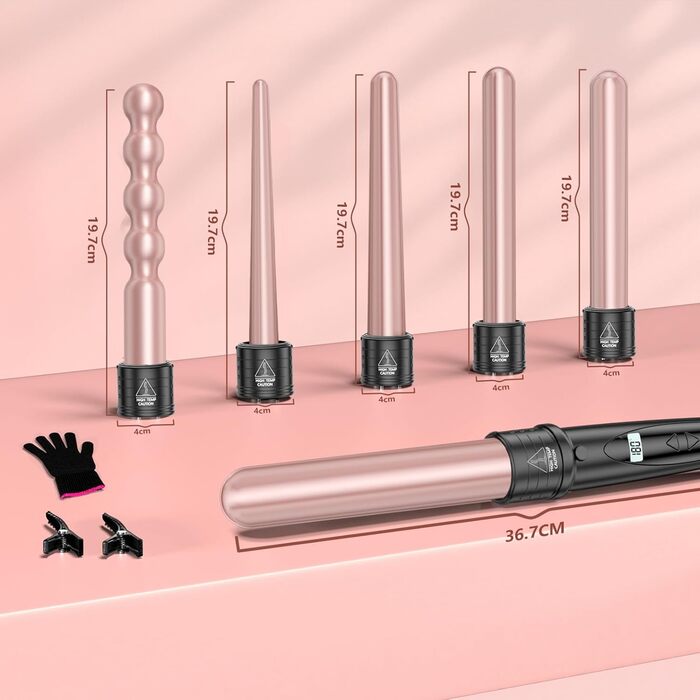 Локшик для волосся NWOUIIAY 6 в 1 з LCD-дисплеєм, керамічне покриття, мультифункціональний, змінне насадки, для великих та маленьких локонів, рукавички, регулювання температури, рожевий