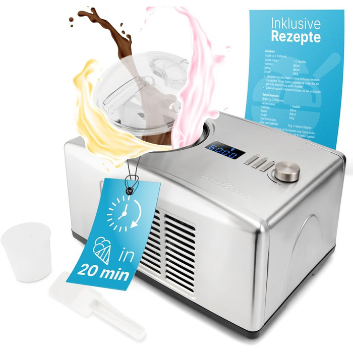 Машина для приготування морозива та йогурту ProfiCook® ICM 1091 N з нержавіючої сталі | Морозиво за 20 хвилин | Об'єм до 1500 мл | З компресором | Для морозива та замороженого йогурту | В комплекті рецепти, шпатель для морозива та мірний стакан | Нова мод