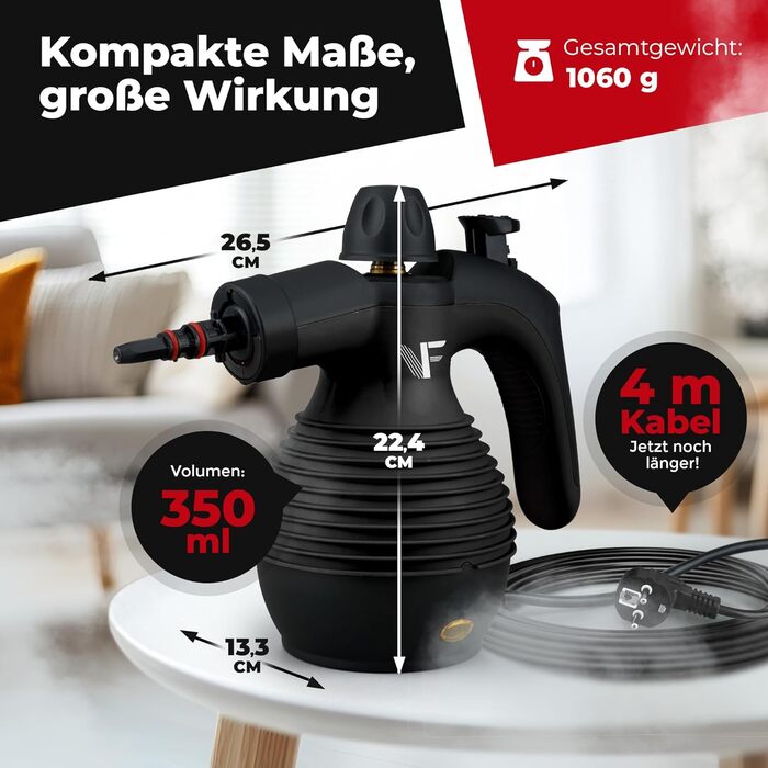 Пароочисник ручний Neighbor's Friend® Нова модель – Потужний ручний пароочисник, 3,5 Bar, кабель 4м, бак 350мл. Для авто, майстерні, дому та миття вікон. Пароочисник – Чорний