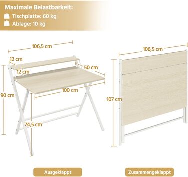 Злагоджений стіл Yaheetech Klappbar, 80 см, комп'ютерний стіл з полицею, двоступінчастий робочий стіл з підставкою для монітора, стіл для ноутбука для домашнього офісу/маленьких кімнат/вітальні, білий/80 см Д × 50 см Ш, білий (світлий колір дерева, 106.5x
