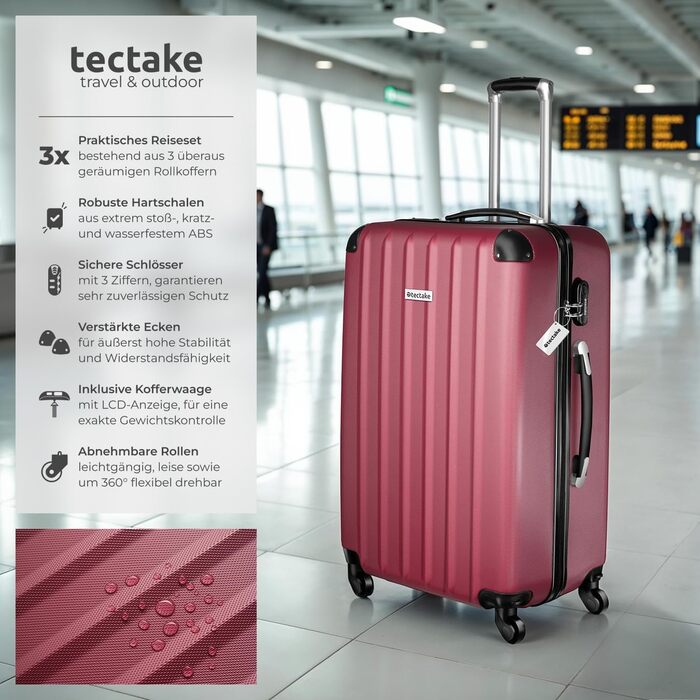 Набір валіз Tectake 3 шт. з ваговою та білгетом, M-L-XL, ABS, телескопічна ручка, червоний