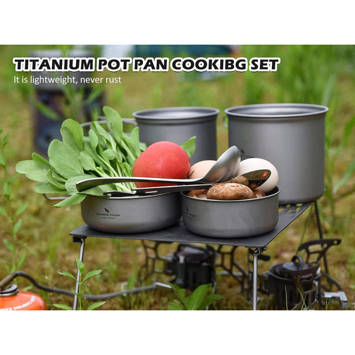 Набір кухонного посуду iBasingo для кемпінгу: титановий посуд з відкидним ручками, 1500 мл каструля та 500 мл сковорода, ідеальний для туризму та пікніків