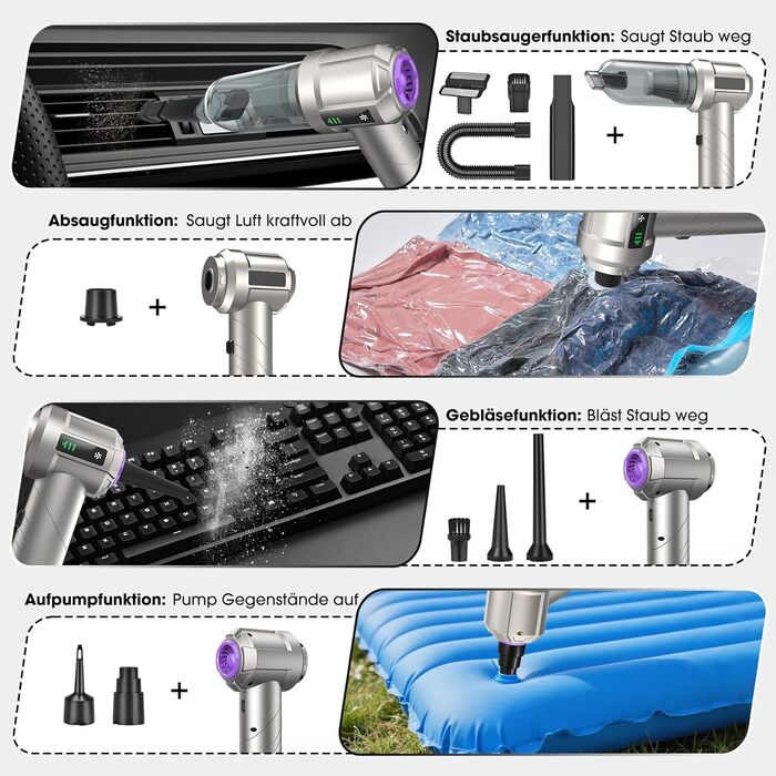Акумуляторний ручний пилосмок для авто та дому 22000Па, безщітковий двигун, з функцією видування, 3 HEPA-фільтрами та набором щіток