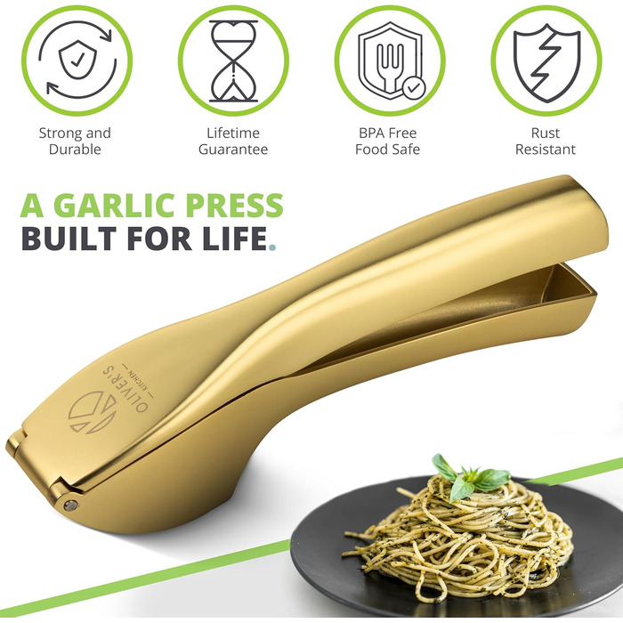 Преміум-прес для часнику Oliver's Kitchen® - зручний та легко миється - подрібнює часник та імбир без проблем (не потребує очищення) - надзвичайно міцний та зносостійкий (матова золота поверхня)