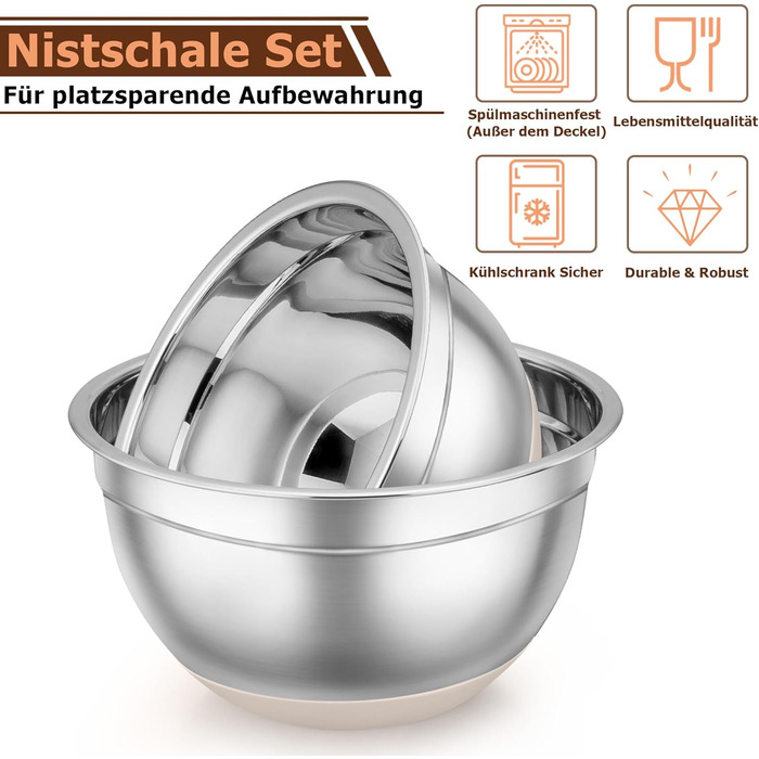 Набір місок TEAMFAR з нержавіючої сталі: салатові міски з кришкою та силіконовим дном, 0.7-6.5 л, (Хакі, 2)