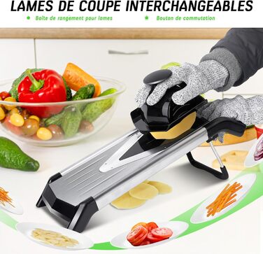 Машхом Мультиінструмент для нарізки овочів 5-в-1, Mandoline з нержавіючої сталі, тертка для овочів, фруктів, картоплі, помідорів, цибулі, 40см, з рукавичками