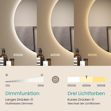 Дзеркало для ванної кімнати EMKE круглої форми з підсвічуванням 80 см – кругле дзеркало з 3 кольорами світла, регулюванням яскравості, сенсорним управлінням, функцією пам'яті, енергозберігаюче – для ванної кімнати та на стіну (60L x 60B cm)